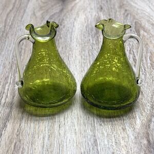 VTG Handblown BLENKO Green Crackle Glass Mini Pitcher /Vase 4" Set of 2